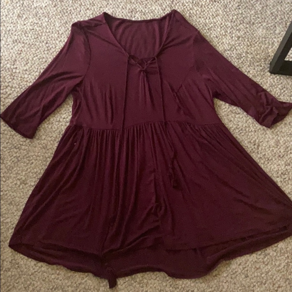 Burgundy mid length sleeved dress with tassels